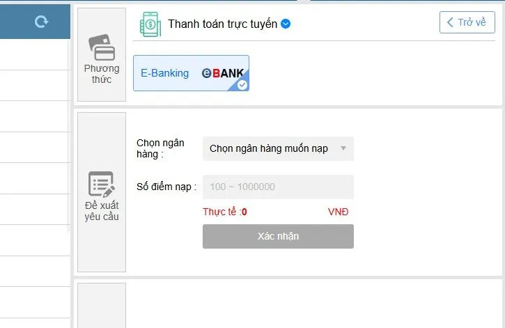 Nạp tiền Thabet bằng thanh toán trực tuyến